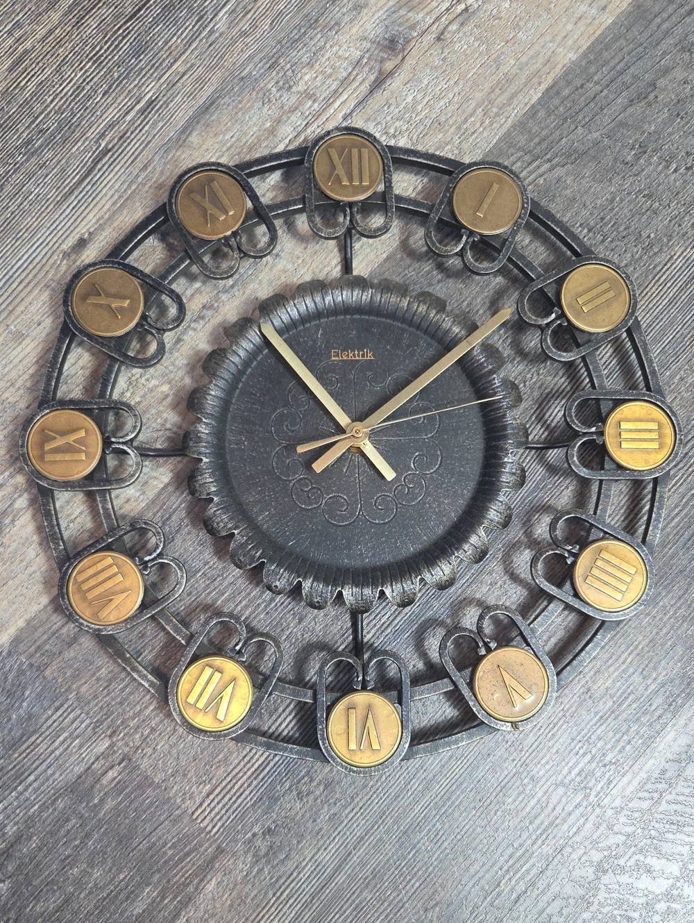 Vintage German Iron & Copper Metal Wall Clock